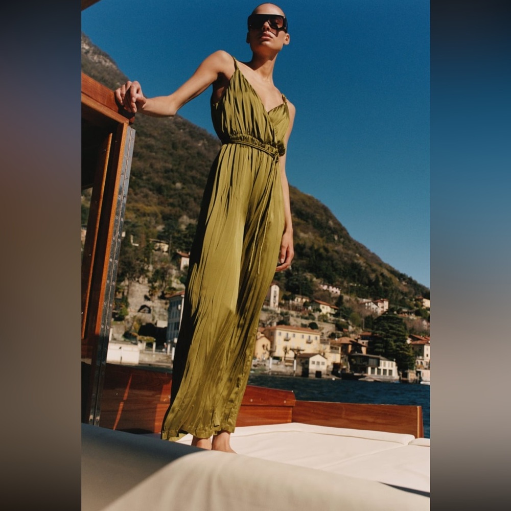 Zara Pleated Green Satin Effect Jumpsuit NWT